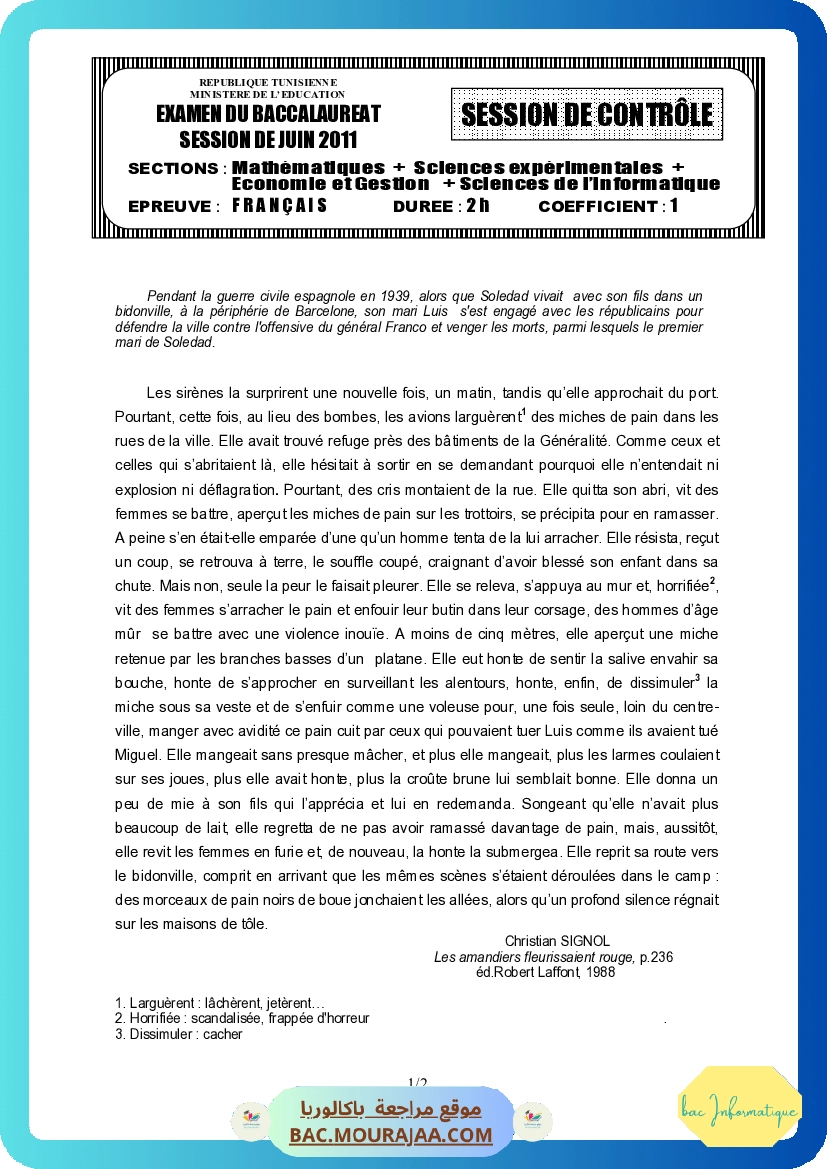 Sujet controle francais Bac 2011 – Section info